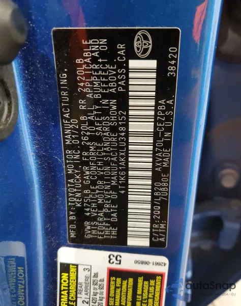 2020 Toyota Camry Xse from USA, damaged, VIN 4T1K61AKXLU348152